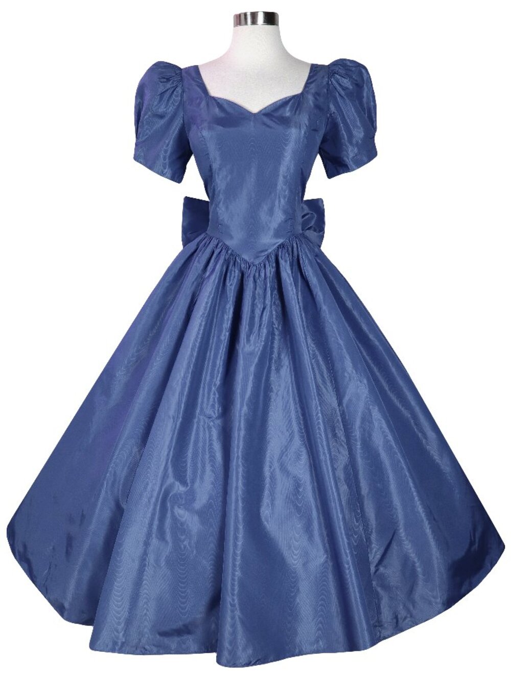 Vintage 80s Blue Tiered Back Bow Taffeta Full Skirt Prom Gown Party Dress XS S